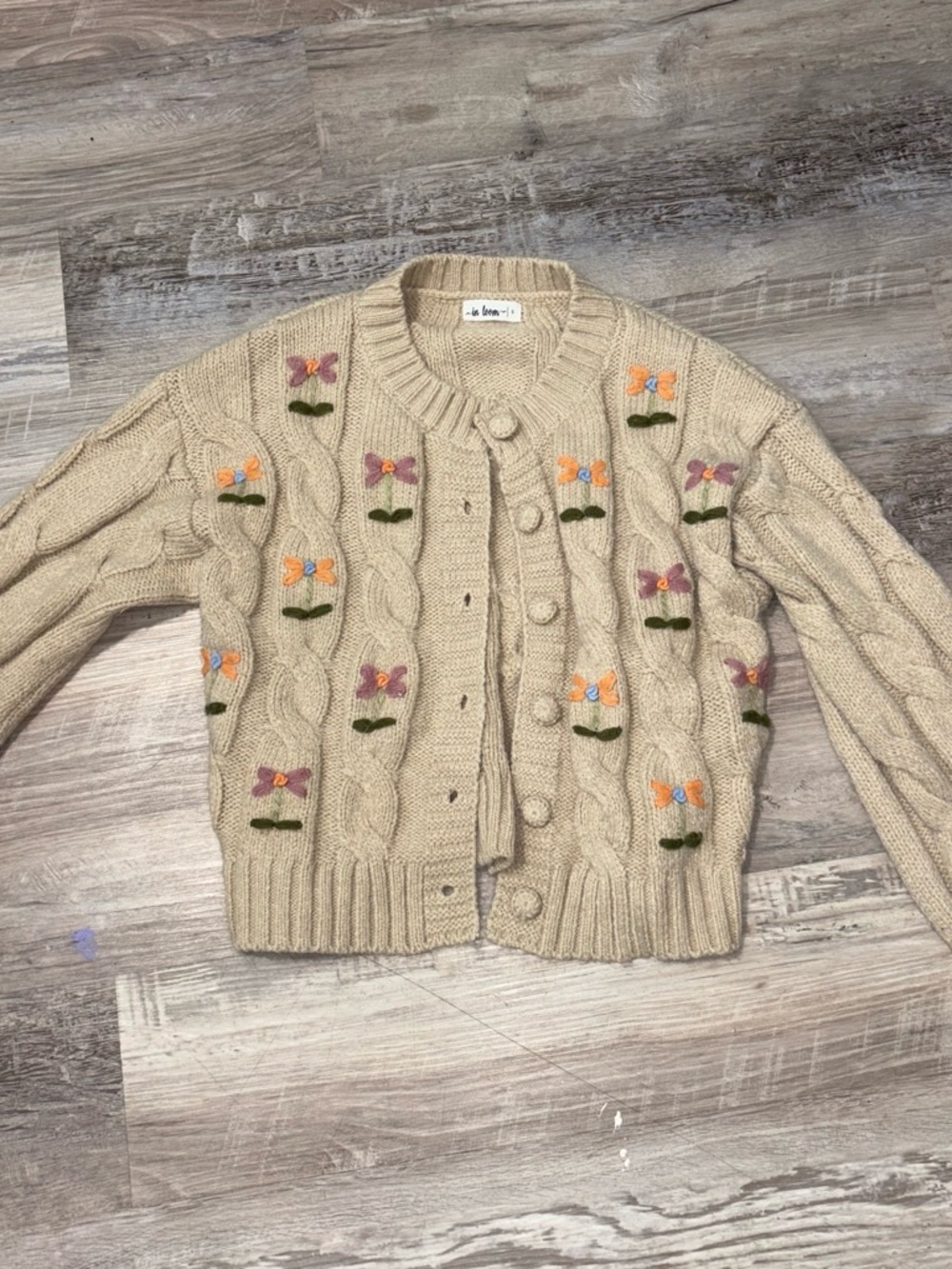 In Bloom Cream Cable-Knit Cardigan with Pastel Flower Embroidery